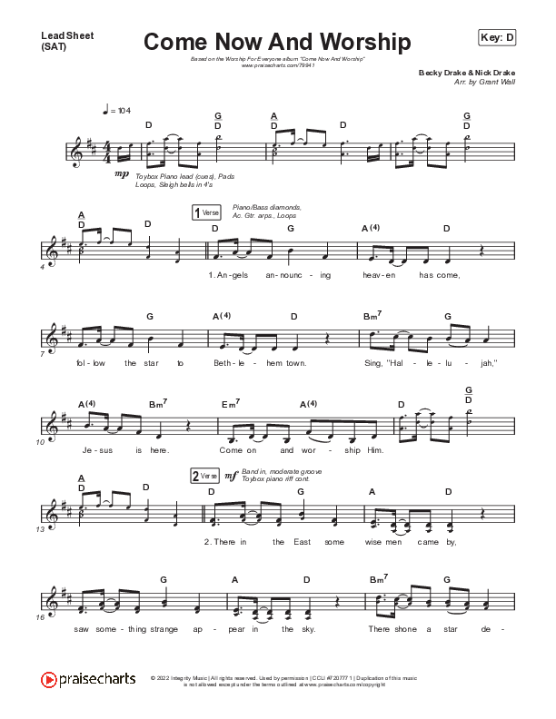 Come Now And Worship Lead Sheet (SAT) (Worship For Everyone)