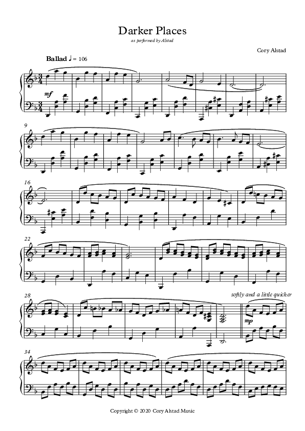 Darker Places Piano Sheet (Alstad)
