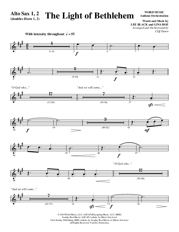 The Light Of Bethlehem (Choral Anthem SATB) Alto Sax 1/2 (Word Music Choral / Arr. Cliff Duren)