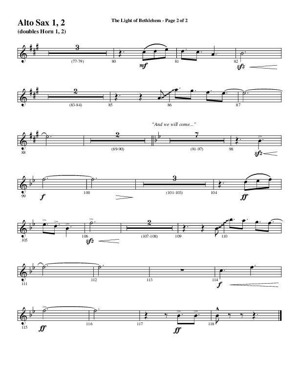 The Light Of Bethlehem (Choral Anthem SATB) Alto Sax 1/2 (Word Music Choral / Arr. Cliff Duren)