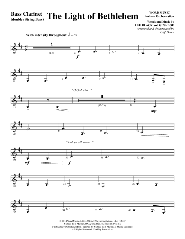 The Light Of Bethlehem (Choral Anthem SATB) Bass Clarinet (Word Music Choral / Arr. Cliff Duren)