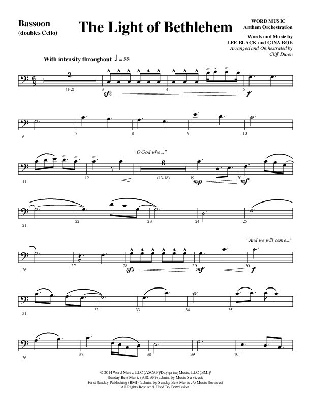 The Light Of Bethlehem (Choral Anthem SATB) Bassoon (Word Music Choral / Arr. Cliff Duren)