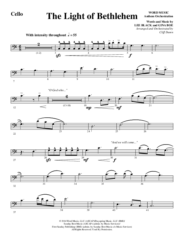 The Light Of Bethlehem (Choral Anthem SATB) Cello (Word Music Choral / Arr. Cliff Duren)