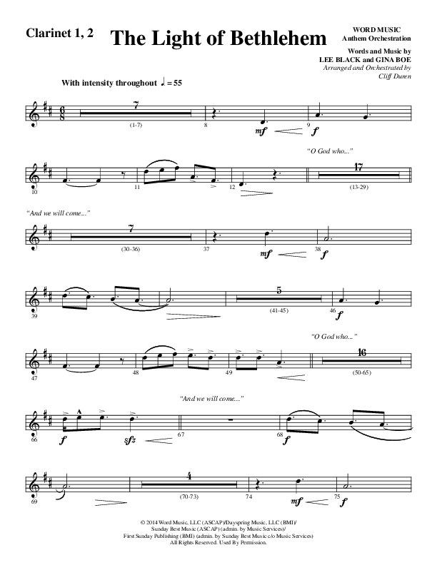 The Light Of Bethlehem (Choral Anthem SATB) Clarinet 1/2 (Word Music Choral / Arr. Cliff Duren)