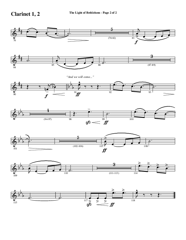The Light Of Bethlehem (Choral Anthem SATB) Clarinet 1/2 (Word Music Choral / Arr. Cliff Duren)