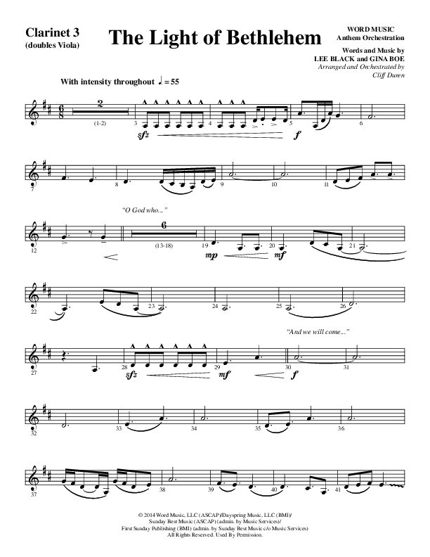 The Light Of Bethlehem (Choral Anthem SATB) Clarinet 3 (Word Music Choral / Arr. Cliff Duren)