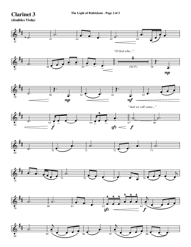 The Light Of Bethlehem (Choral Anthem SATB) Clarinet 3 (Word Music Choral / Arr. Cliff Duren)