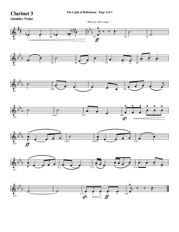The Light Of Bethlehem (Choral Anthem SATB) Clarinet 3 (Word Music Choral / Arr. Cliff Duren)