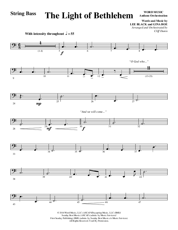 The Light Of Bethlehem (Choral Anthem SATB) Double Bass (Word Music Choral / Arr. Cliff Duren)