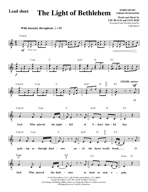 The Light Of Bethlehem (Choral Anthem SATB) Lead Sheet (Melody) (Word Music Choral / Arr. Cliff Duren)