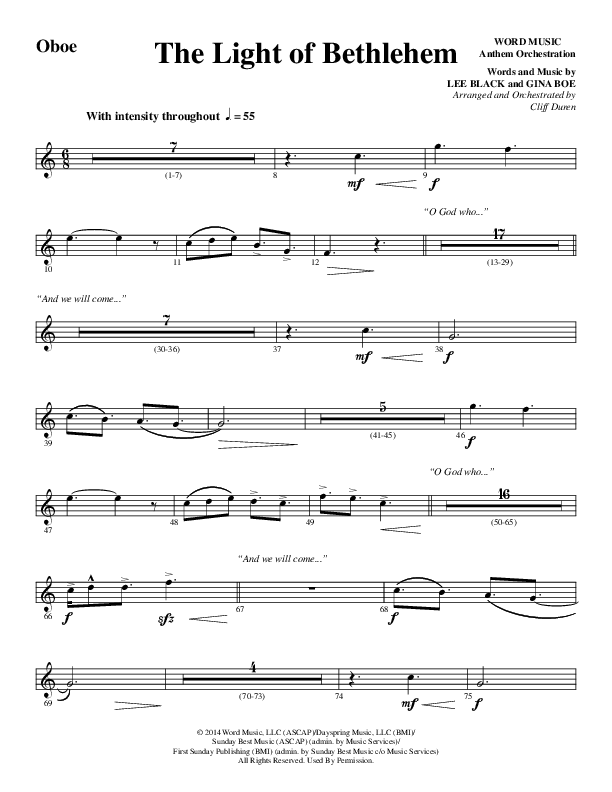 The Light Of Bethlehem (Choral Anthem SATB) Oboe (Word Music Choral / Arr. Cliff Duren)