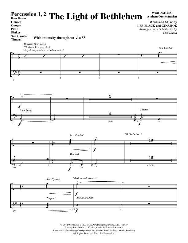 The Light Of Bethlehem (Choral Anthem SATB) Percussion 1/2 (Word Music Choral / Arr. Cliff Duren)