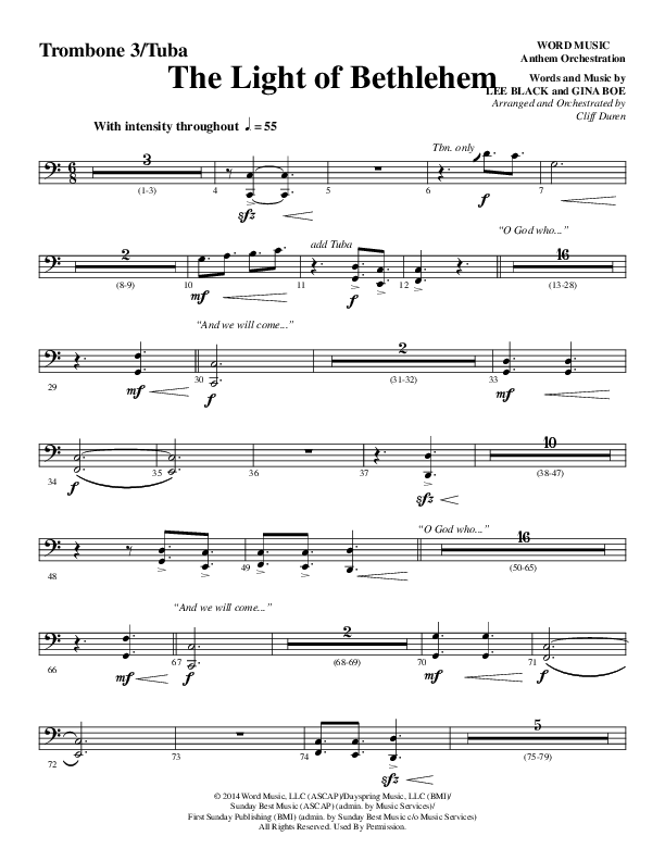 The Light Of Bethlehem (Choral Anthem SATB) Trombone 3/Tuba (Word Music Choral / Arr. Cliff Duren)