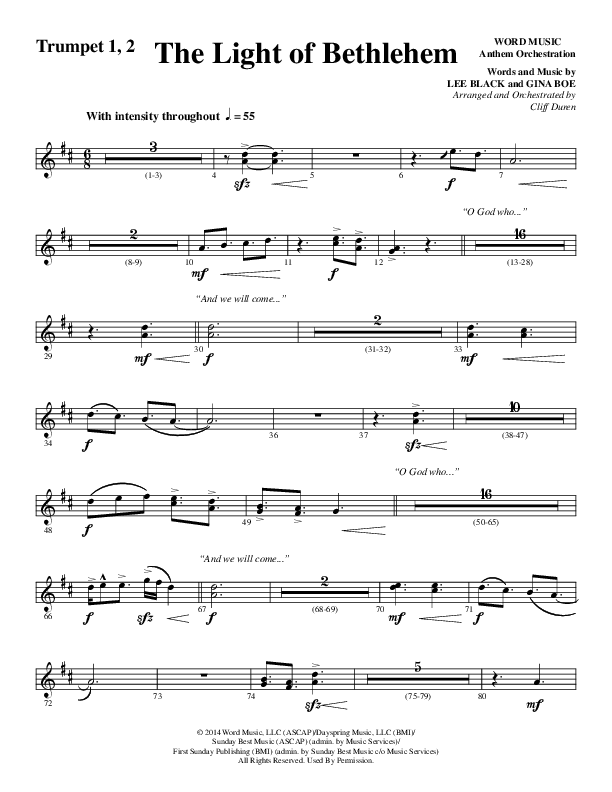 The Light Of Bethlehem (Choral Anthem SATB) Trumpet 1,2 (Word Music Choral / Arr. Cliff Duren)