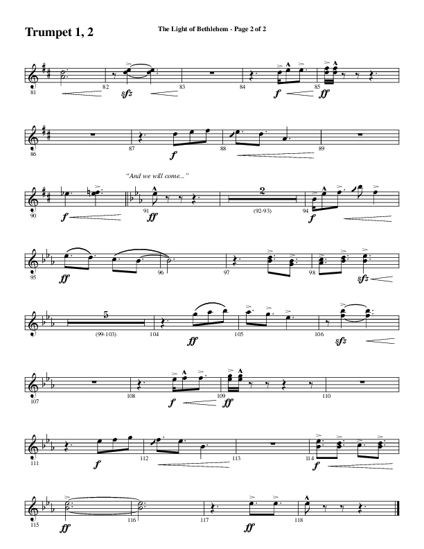 The Light Of Bethlehem (Choral Anthem SATB) Trumpet 1,2 (Word Music Choral / Arr. Cliff Duren)