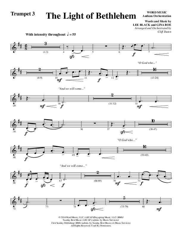 The Light Of Bethlehem (Choral Anthem SATB) Trumpet 3 (Word Music Choral / Arr. Cliff Duren)