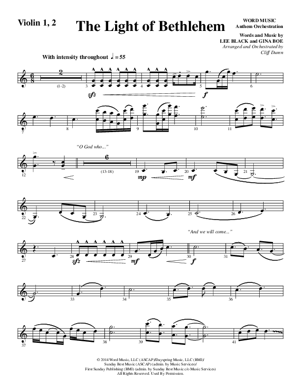 The Light Of Bethlehem (Choral Anthem SATB) Violin 1/2 (Word Music Choral / Arr. Cliff Duren)