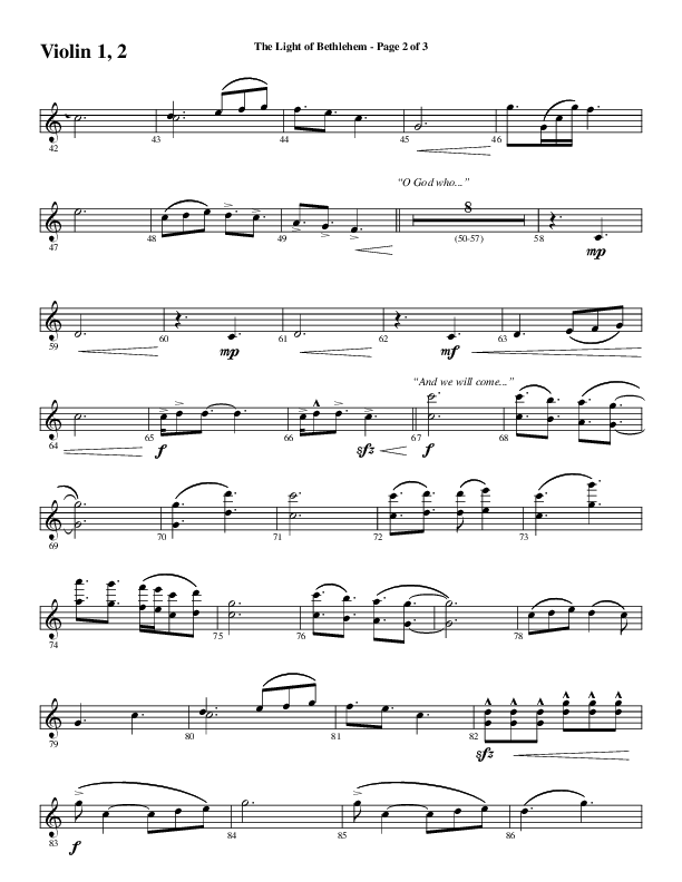 The Light Of Bethlehem (Choral Anthem SATB) Violin 1/2 (Word Music Choral / Arr. Cliff Duren)