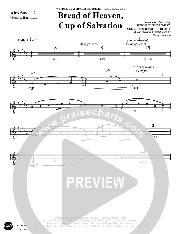 Bread Of Heaven Cup Of Salvation (Choral Anthem SATB) Alto Sax (Word Music Choral / Arr. Daniel Semsen)