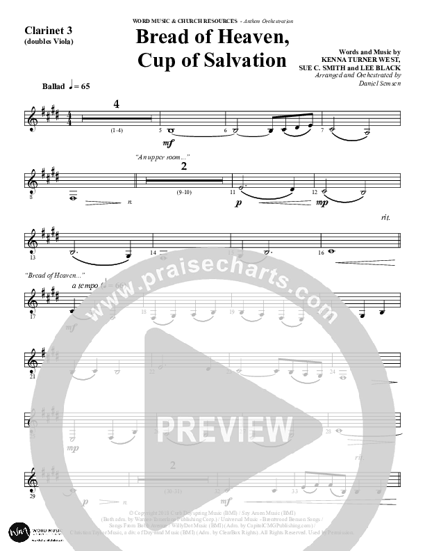 Bread Of Heaven Cup Of Salvation (Choral Anthem SATB) Clarinet 3 (Word Music Choral / Arr. Daniel Semsen)