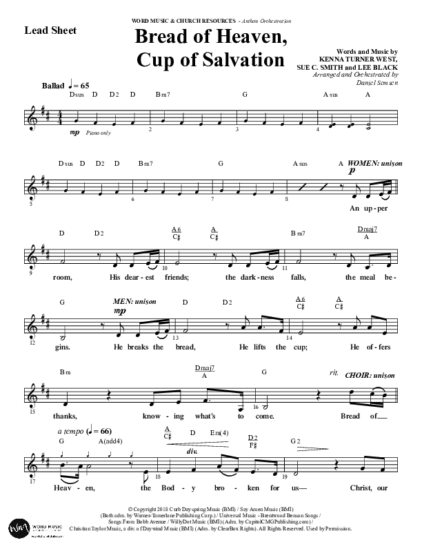 Bread Of Heaven Cup Of Salvation (Choral Anthem SATB) Lead Sheet (Melody) (Word Music Choral / Arr. Daniel Semsen)
