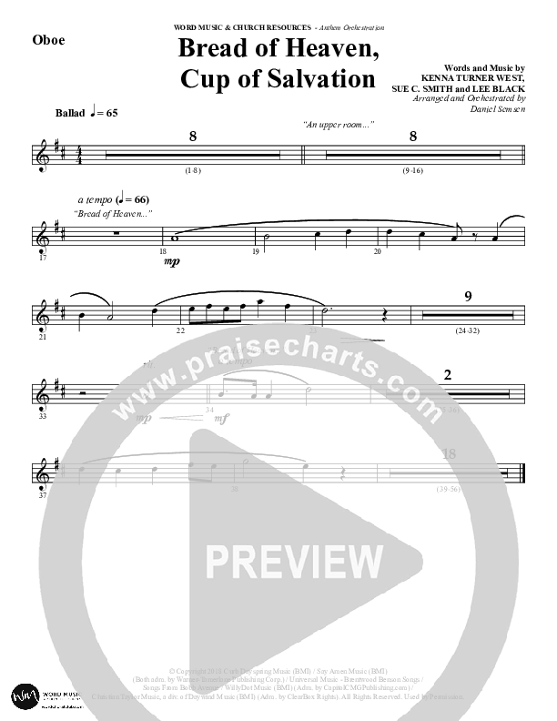 Bread Of Heaven Cup Of Salvation (Choral Anthem SATB) Oboe (Word Music Choral / Arr. Daniel Semsen)