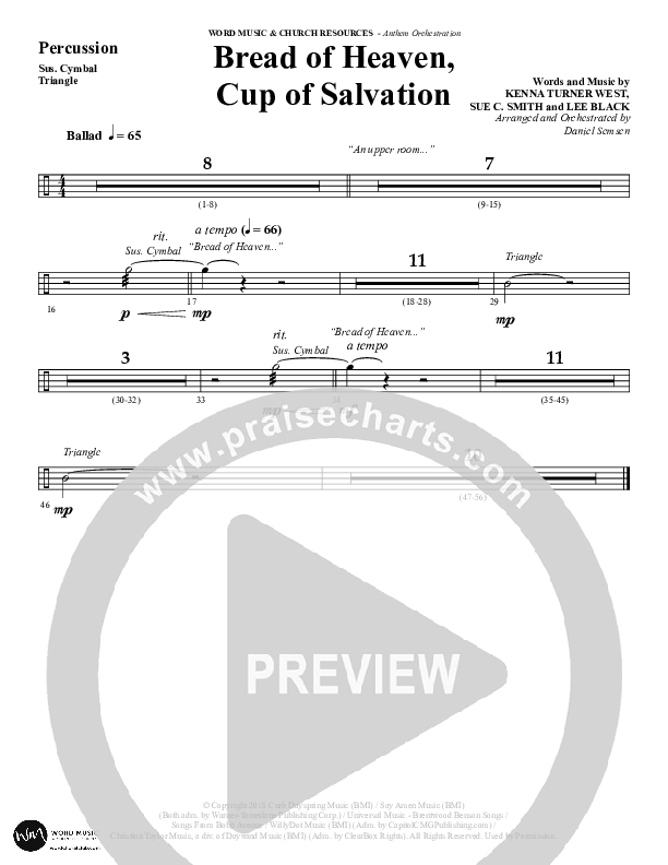 Bread Of Heaven Cup Of Salvation (Choral Anthem SATB) Percussion (Word Music Choral / Arr. Daniel Semsen)