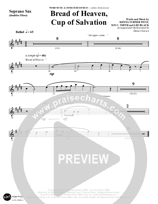 Bread Of Heaven Cup Of Salvation (Choral Anthem SATB) Soprano Sax (Word Music Choral / Arr. Daniel Semsen)