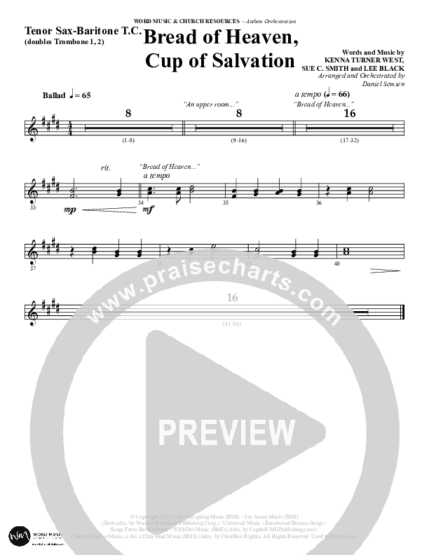 Bread Of Heaven Cup Of Salvation (Choral Anthem SATB) Tenor Sax/Baritone T.C. (Word Music Choral / Arr. Daniel Semsen)