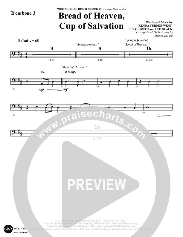 Bread Of Heaven Cup Of Salvation (Choral Anthem SATB) Trombone 3 (Word Music Choral / Arr. Daniel Semsen)