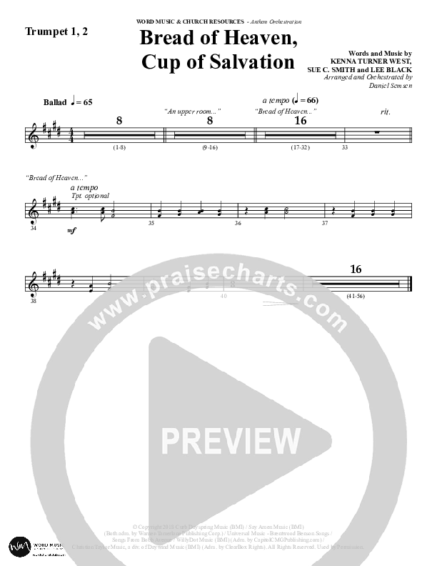 Bread Of Heaven Cup Of Salvation (Choral Anthem SATB) Trumpet 1,2 (Word Music Choral / Arr. Daniel Semsen)