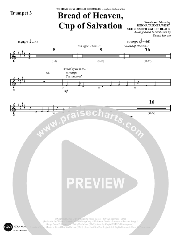 Bread Of Heaven Cup Of Salvation (Choral Anthem SATB) Trumpet 3 (Word Music Choral / Arr. Daniel Semsen)