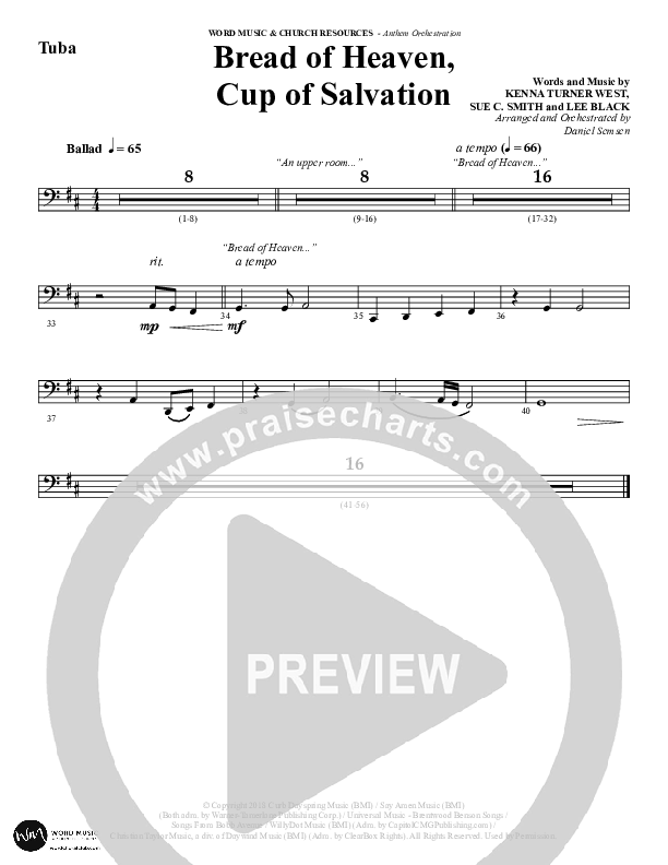 Bread Of Heaven Cup Of Salvation (Choral Anthem SATB) Tuba (Word Music Choral / Arr. Daniel Semsen)