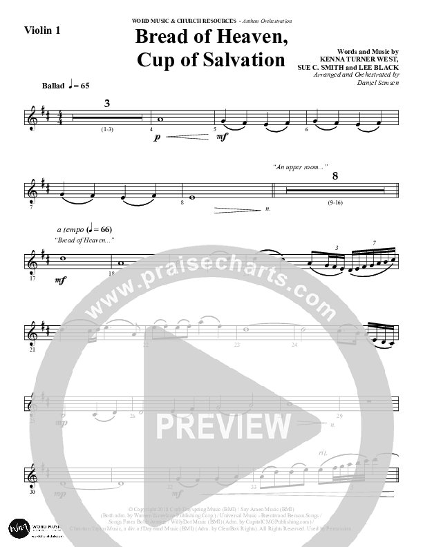 Bread Of Heaven Cup Of Salvation (Choral Anthem SATB) Violin 1 (Word Music Choral / Arr. Daniel Semsen)