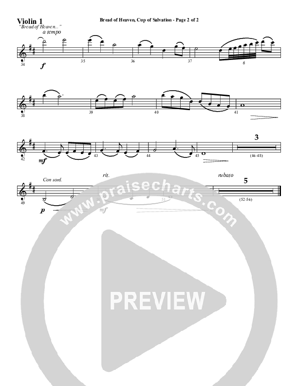 Bread Of Heaven Cup Of Salvation (Choral Anthem SATB) Violin 1 (Word Music Choral / Arr. Daniel Semsen)