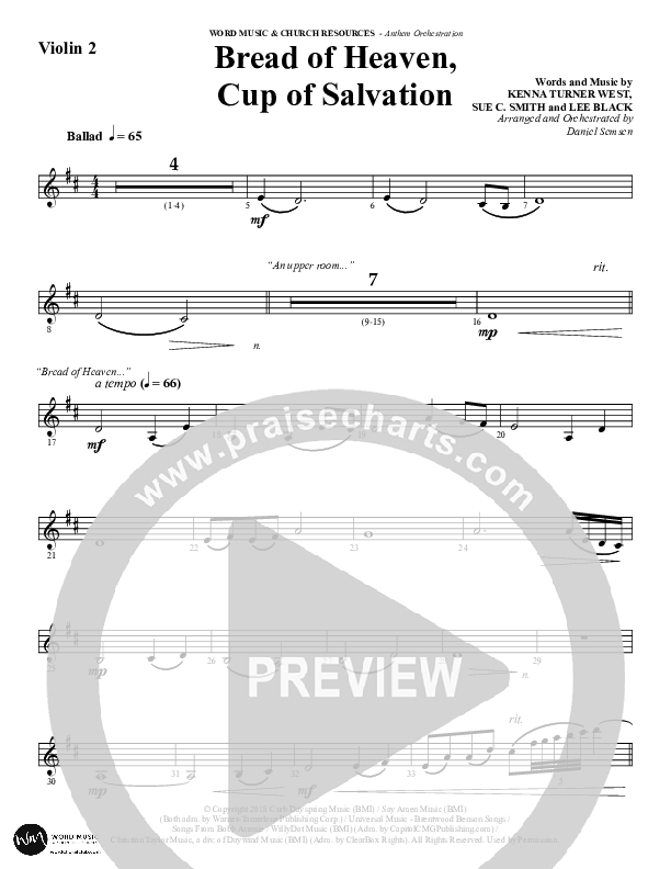 Bread Of Heaven Cup Of Salvation (Choral Anthem SATB) Violin 2 (Word Music Choral / Arr. Daniel Semsen)