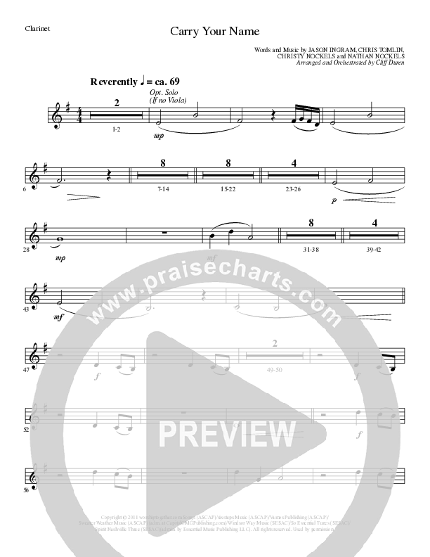 Carry Your Name (Choral Anthem SATB) Clarinet 3 (Arr. Cliff Duren / Lillenas Choral)