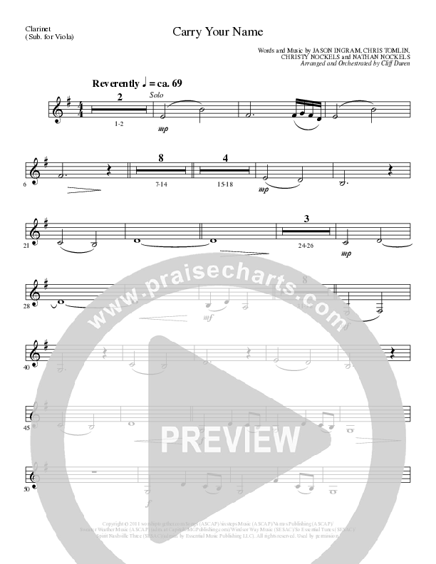 Carry Your Name (Choral Anthem SATB) Clarinet (Arr. Cliff Duren / Lillenas Choral)