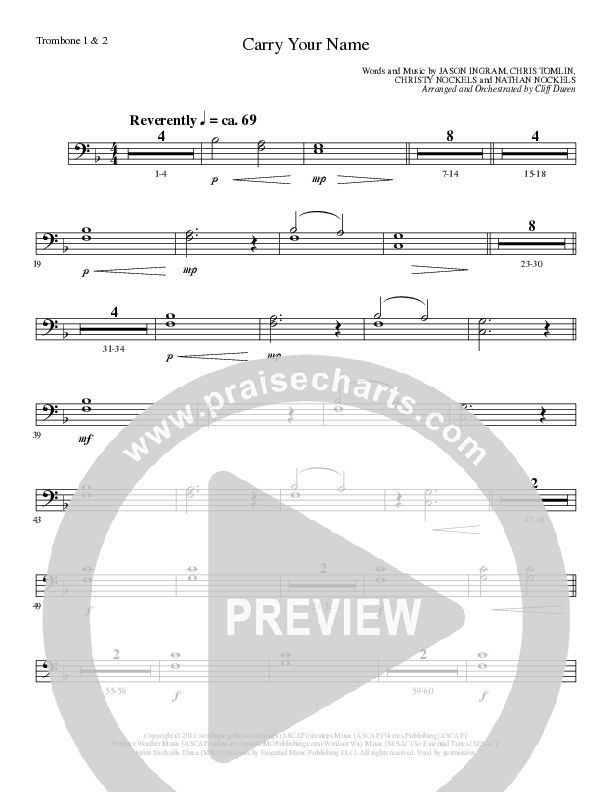 Carry Your Name (Choral Anthem SATB) Trombone 1/2 (Arr. Cliff Duren / Lillenas Choral)