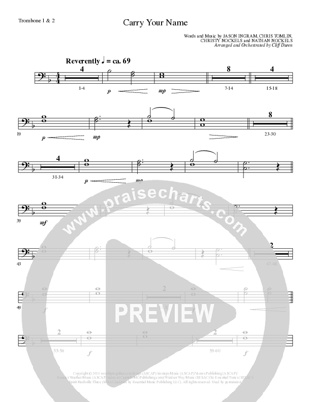 Carry Your Name (Choral Anthem SATB) Trombone 1/2 (Arr. Cliff Duren / Lillenas Choral)
