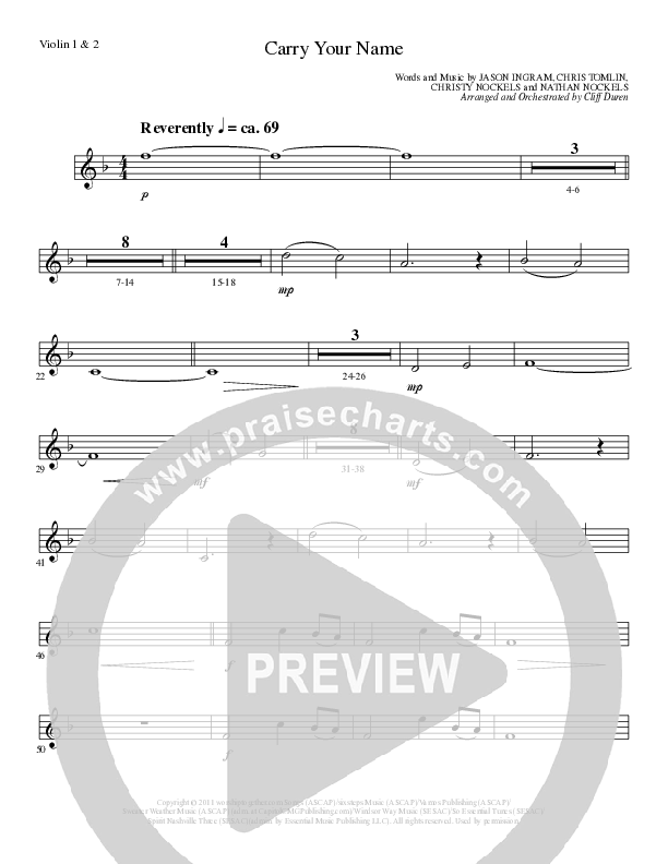 Carry Your Name (Choral Anthem SATB) Violin 1/2 (Arr. Cliff Duren / Lillenas Choral)