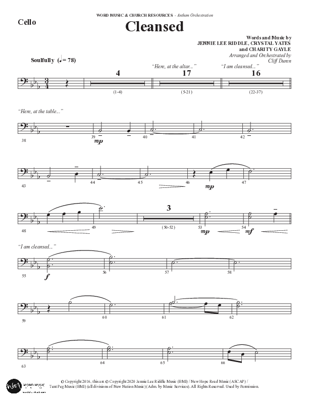 Cleansed (Choral Anthem SATB) Cello (Word Music Choral / Arr. Cliff Duren)