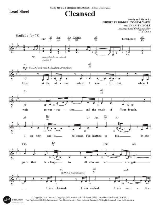 Cleansed (Choral Anthem SATB) Lead Sheet (Melody) (Word Music Choral / Arr. Cliff Duren)