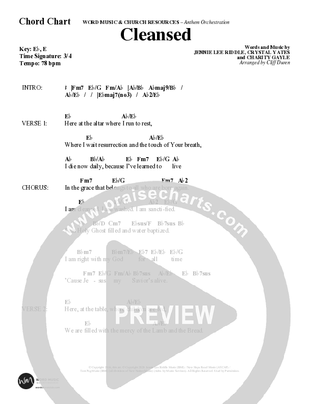 Cleansed (Choral Anthem SATB) Chord Chart (Word Music Choral / Arr. Cliff Duren)