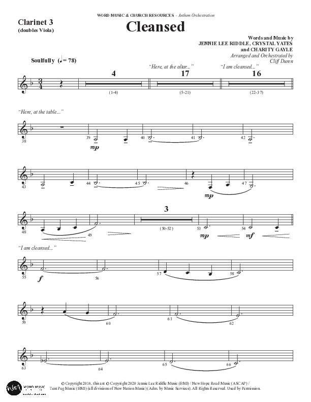 Cleansed (Choral Anthem SATB) Clarinet 3 (Word Music Choral / Arr. Cliff Duren)