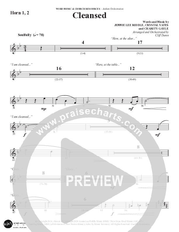 Cleansed (Choral Anthem SATB) French Horn 1/2 (Word Music Choral / Arr. Cliff Duren)