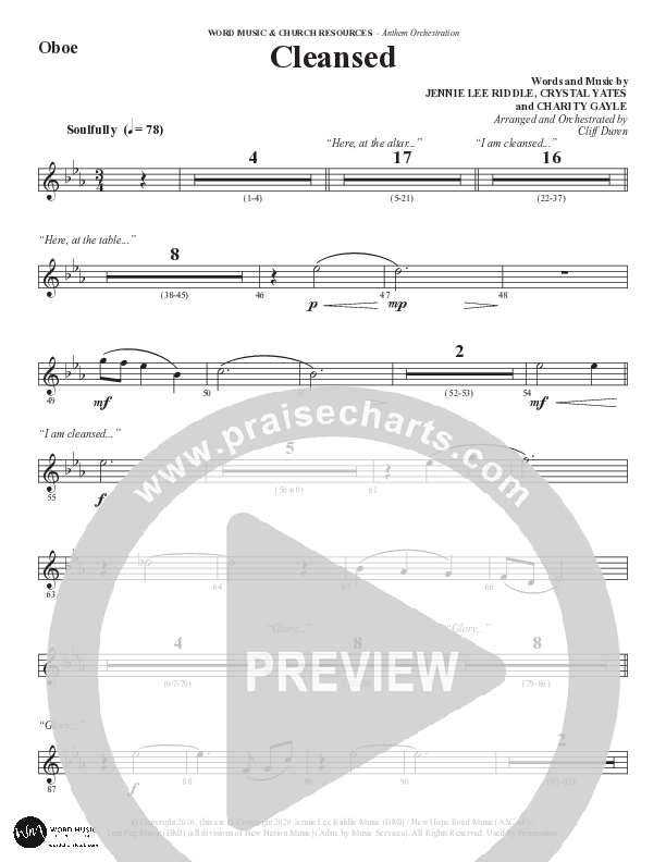 Cleansed (Choral Anthem SATB) Oboe (Word Music Choral / Arr. Cliff Duren)