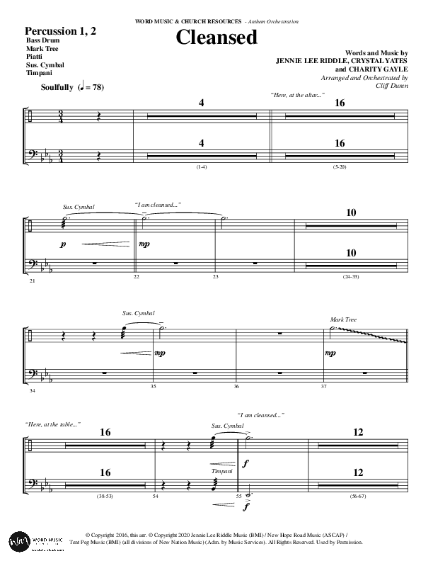 Cleansed (Choral Anthem SATB) Percussion 1/2 (Word Music Choral / Arr. Cliff Duren)