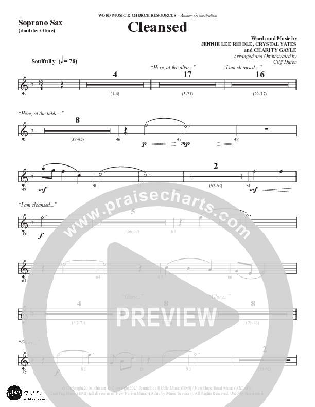 Cleansed (Choral Anthem SATB) Soprano Sax (Word Music Choral / Arr. Cliff Duren)