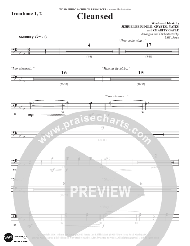 Cleansed (Choral Anthem SATB) Trombone 1/2 (Word Music Choral / Arr. Cliff Duren)